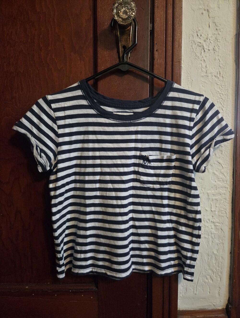 Abercrombie & Fitch Navy and White Striped Short Sleeve Tee